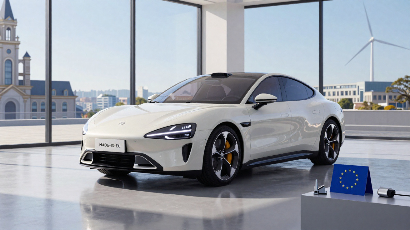 Carro elétrico branco moderno em showroom com janelas grandes e vista para turbina eólica e cidade.