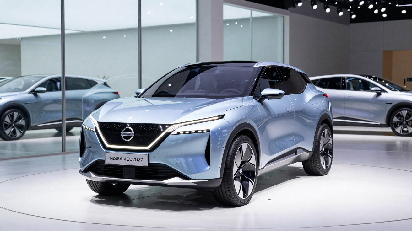 Nissan EU2027 azul exibido em salão de automóveis, design moderno e futurista.
