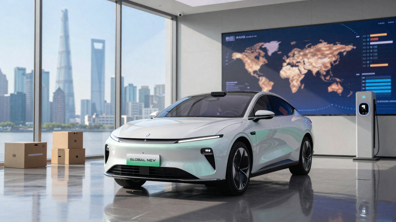 Carro elétrico branco em showroom moderno com visão panorâmica da cidade ao fundo.