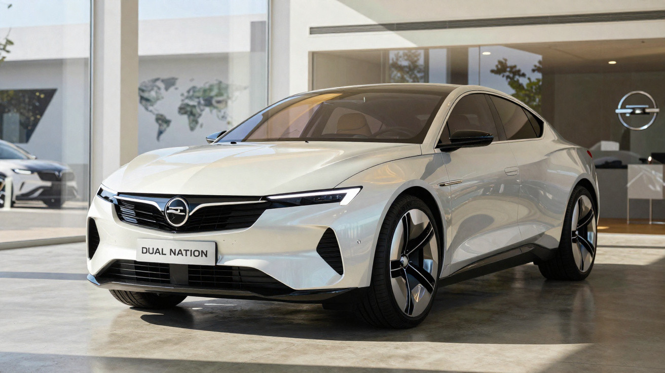 Carro elétrico branco Opel Dual Nation estacionado em showroom moderno com piso de concreto polido.