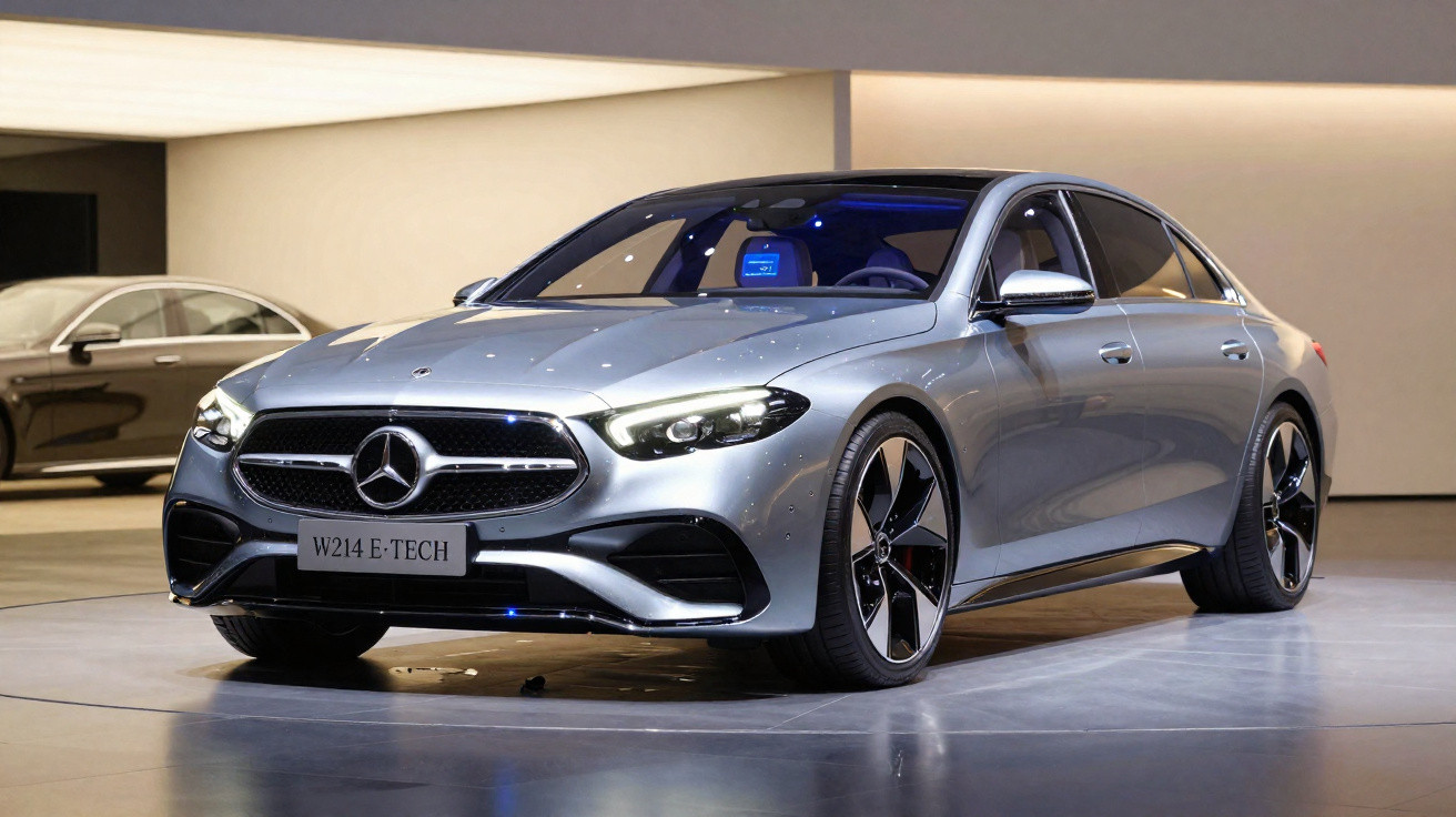 Carro Mercedes-Benz prata W214 E-TECH mostrado em salão automotivo com iluminação ambiente.