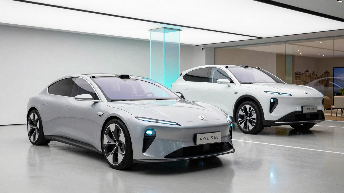 Dois carros elétricos modernos NIO em um showroom minimalista com piso brilhante e luz suave.