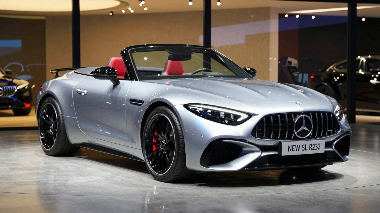Carro esportivo conversível Mercedes-Benz prata com interior vermelho exposto em showroom.