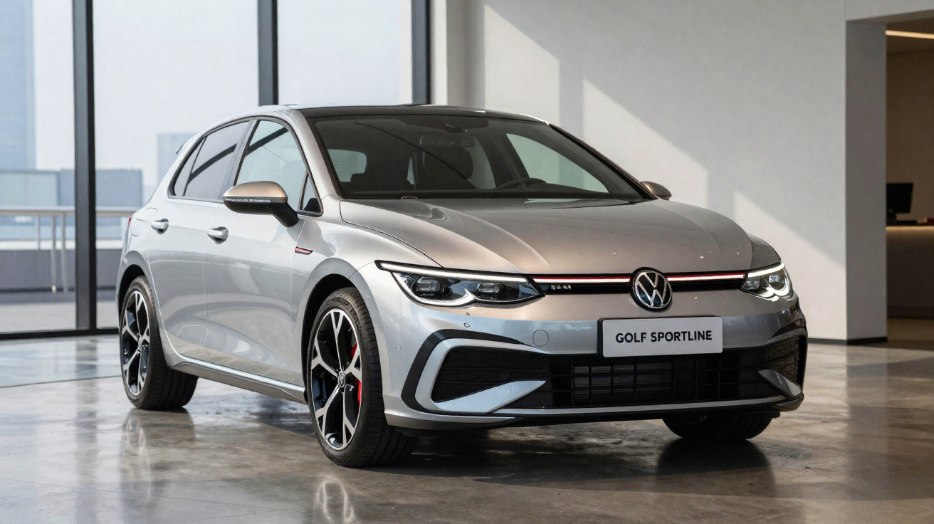 Carro Volkswagen Golf Sportline prata estacionado em piso interno com janelas grandes ao fundo.