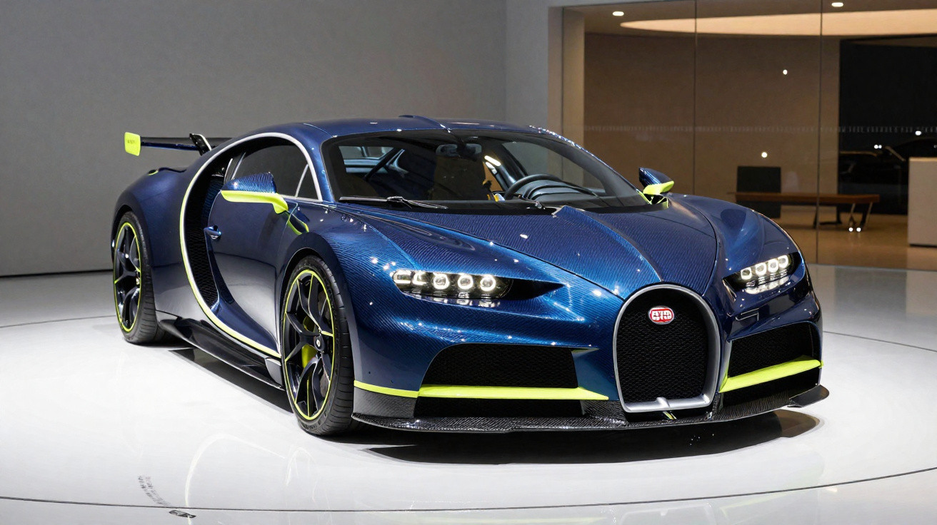 Carro esportivo azul Bugatti Chiron com detalhes amarelos exposto em showroom moderno.