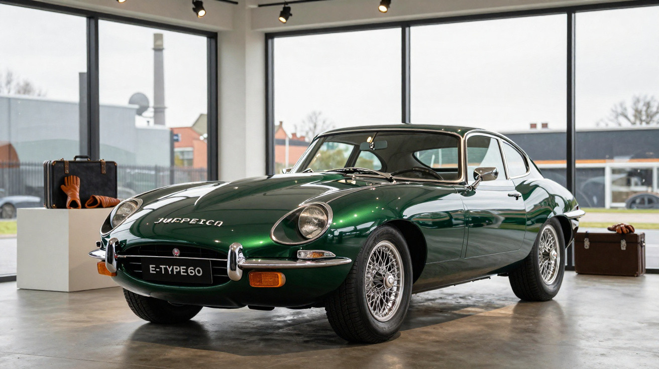 Carro esportivo verde clássico Jaguar E-Type 60 estacionado em showroom moderno com janelas amplas.