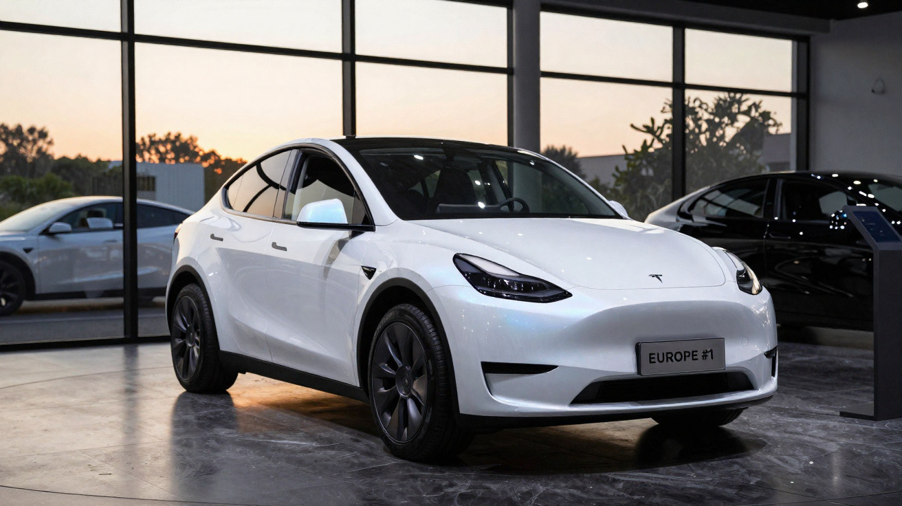 Carro elétrico Tesla branco estacionado em showroom moderno com janelas amplas ao fundo.