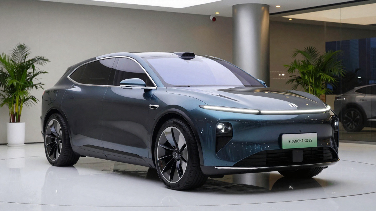 Carro elétrico moderno prata exposto em salão com plantas ao fundo e placa Shanghai 2025.