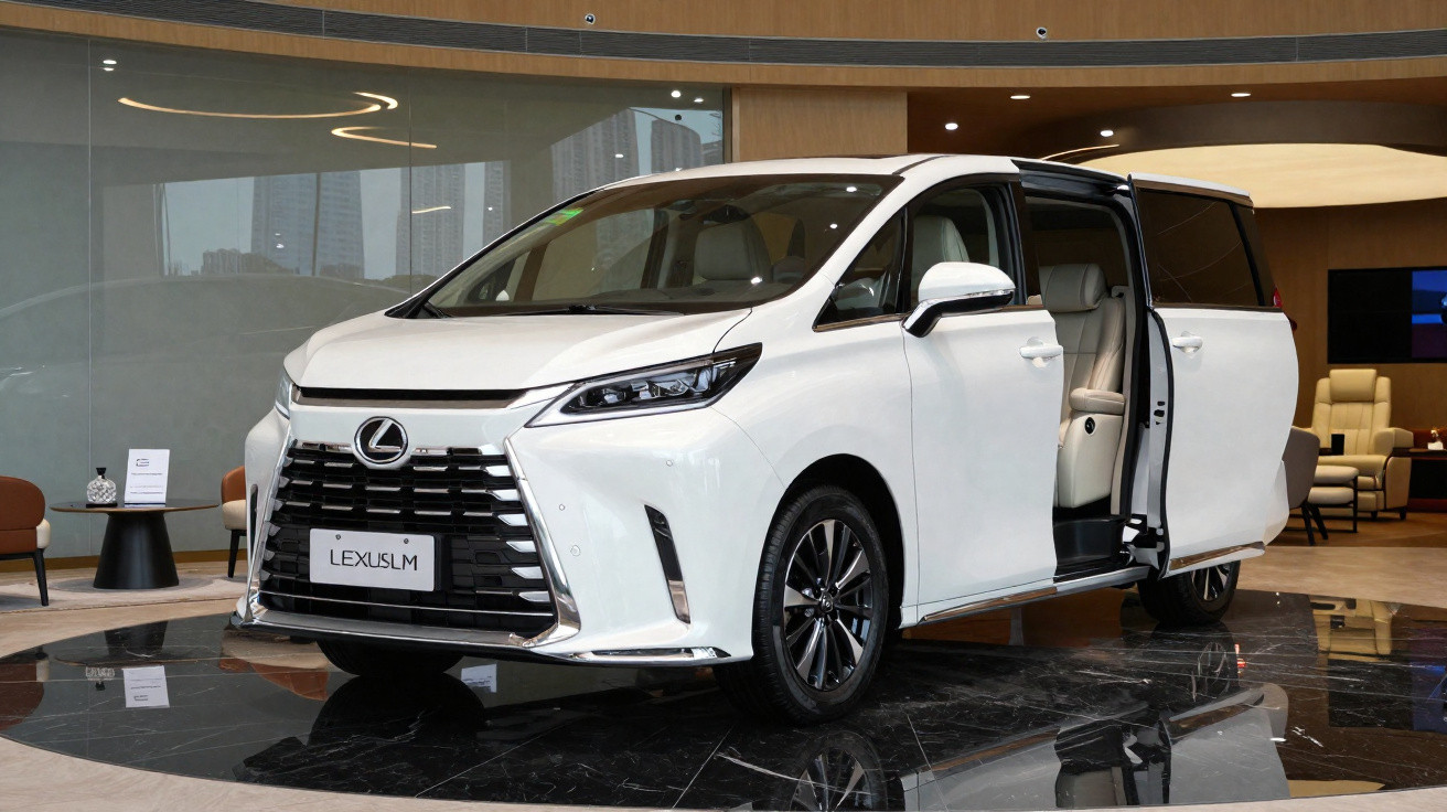 Minivan branca Lexus LM com porta lateral aberta em showroom moderno e elegante.