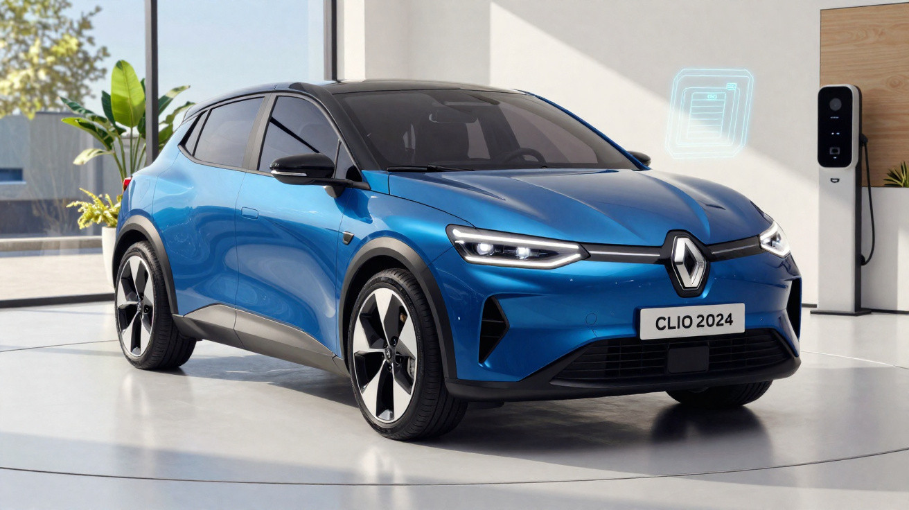 Carro elétrico Renault Clio 2024 azul estacionado em ambiente interno moderno com carregador elétrico.