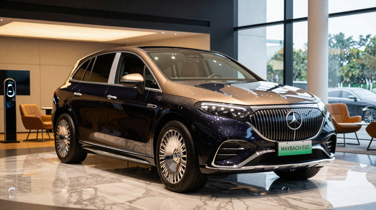 Carro elétrico Maybach EQS preto brilhante em exposição interna com poltronas ao fundo.