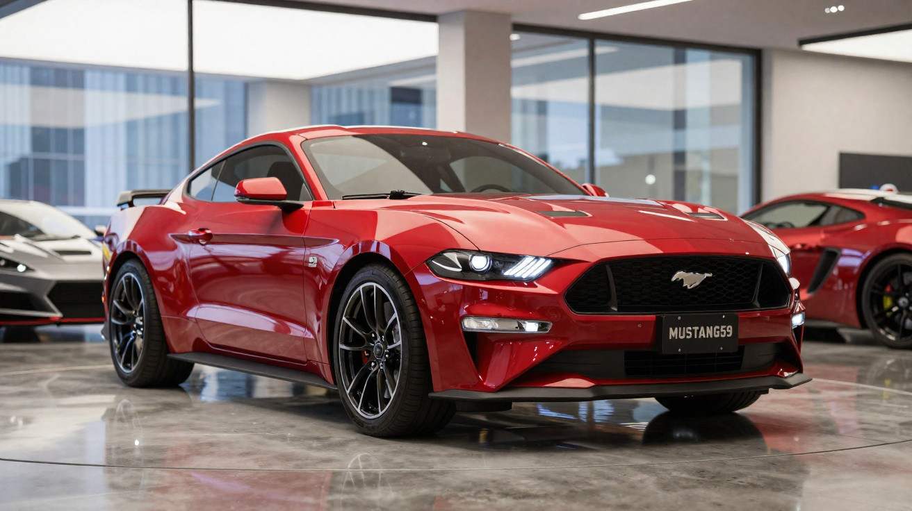 Carro esportivo vermelho Ford Mustang em salão moderno com piso brilhante e outros carros ao fundo.