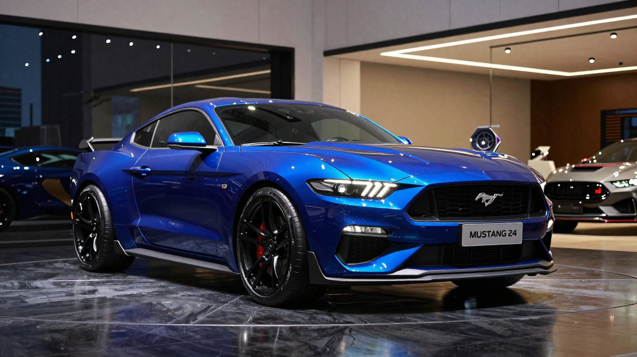 Carro esportivo Ford Mustang azul brilhante estacionado em showroom moderno e iluminado.