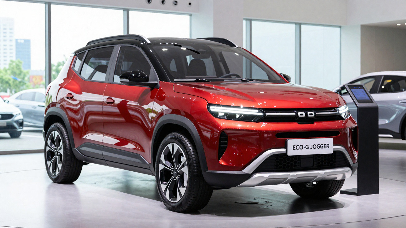 Carro SUV vermelho modelo ECO-G Jogger em exibição em showroom moderno e iluminado.