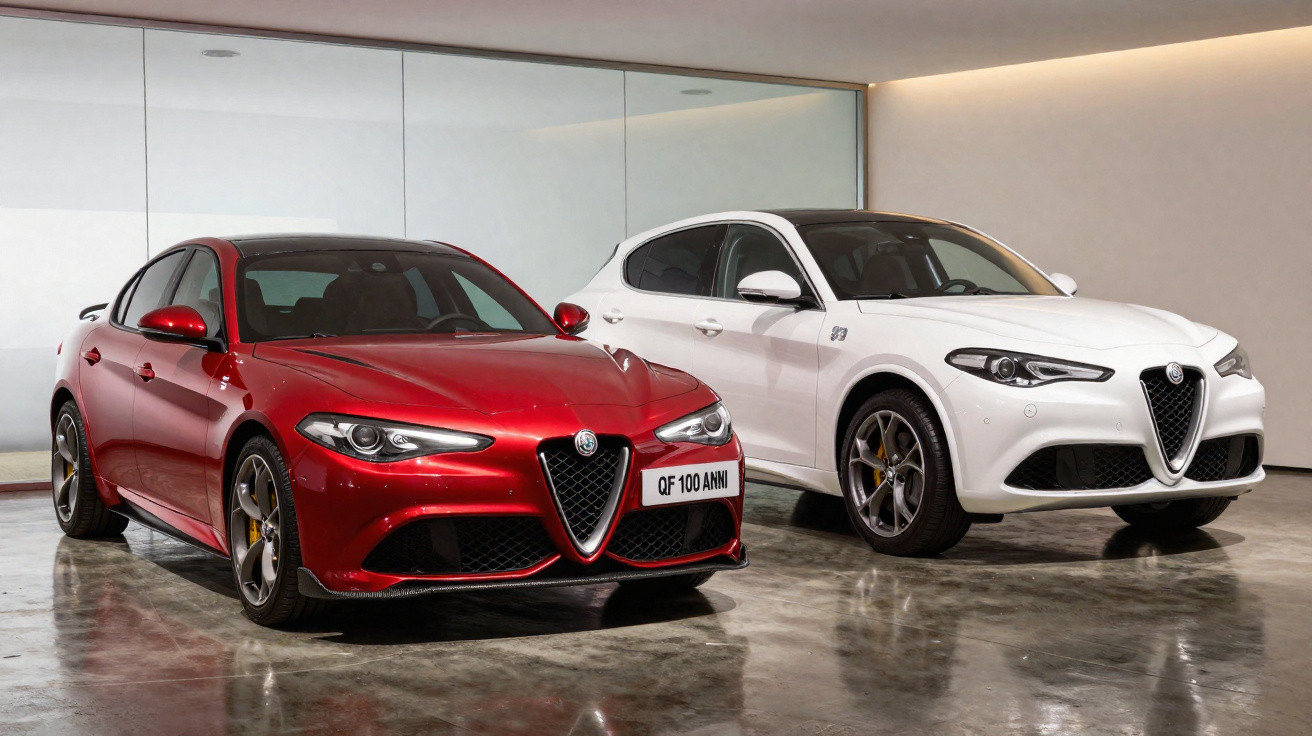 Dois carros Alfa Romeo, sedã vermelho e SUV branco, em piso de concreto refletivo e parede branca ao fundo.
