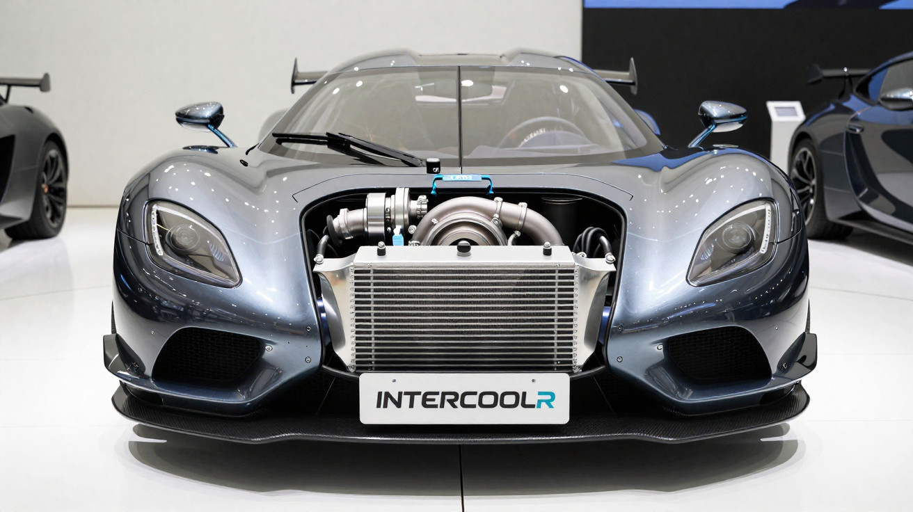 Carro esportivo cinza com motor exposto e placa com a inscrição INTERCOOL R em ambiente interno.