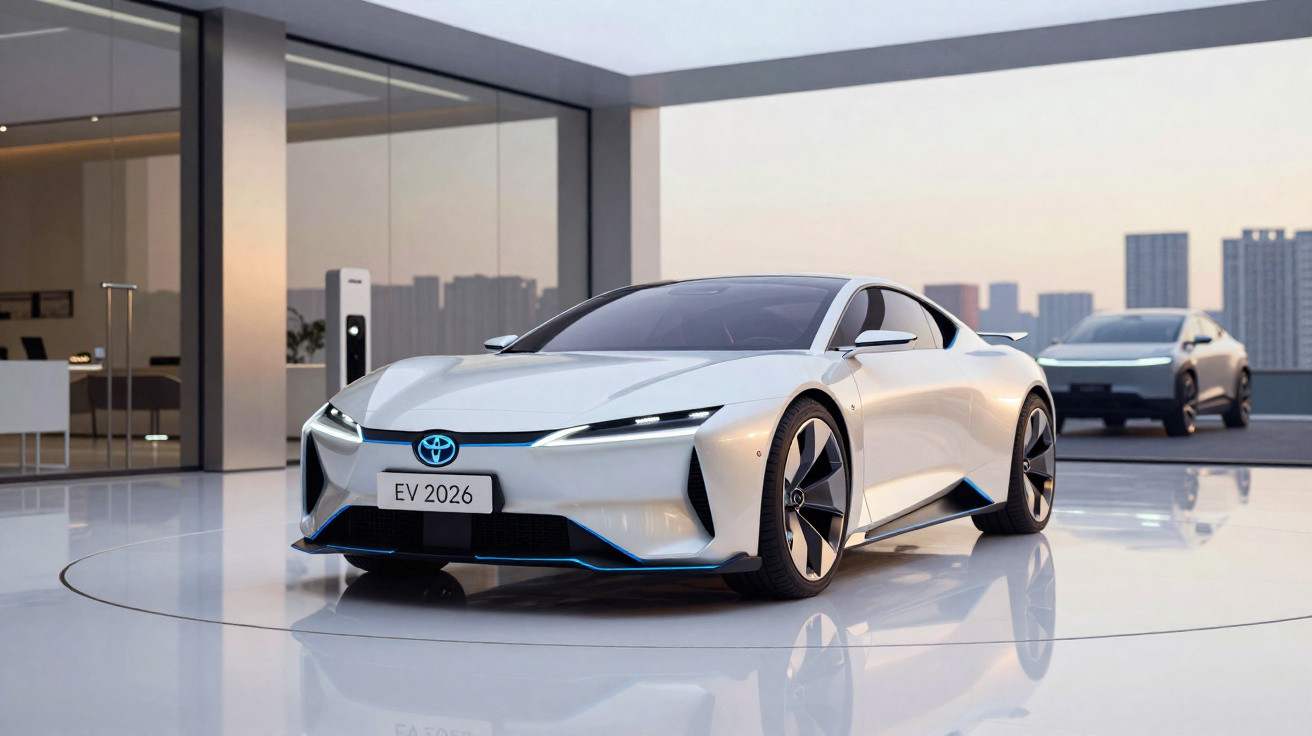 Carro elétrico esportivo branco Toyota EV 2026 estacionado em piso branco refletivo com edifícios ao fundo.