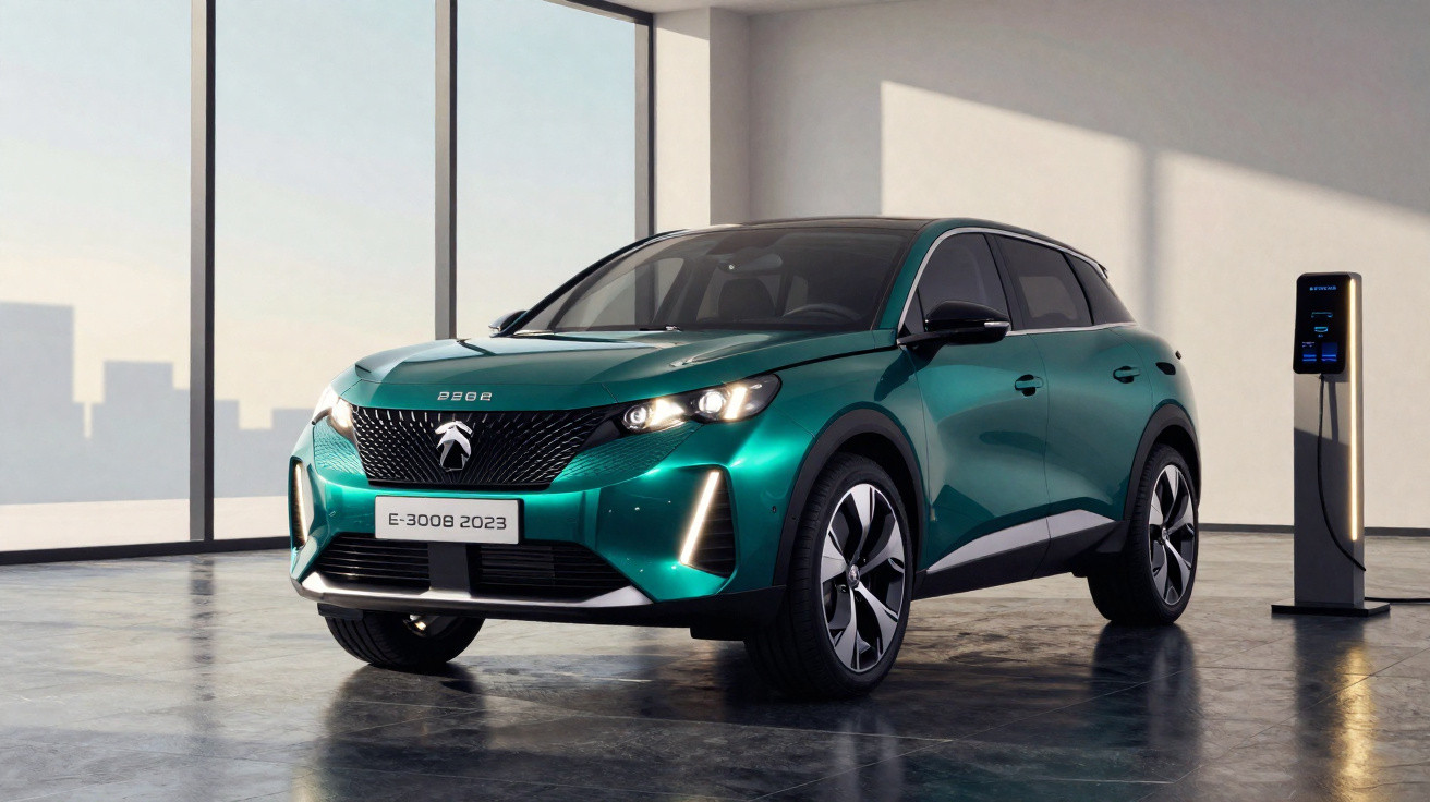 Carro elétrico Peugeot E-3008 2023 verde estacionado em espaço interno moderno com carregador ao lado.