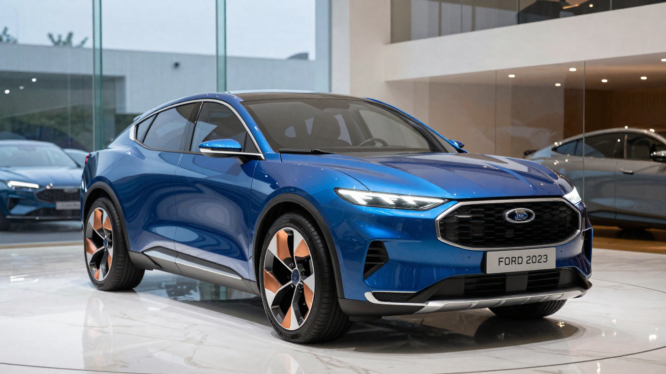 Carro elétrico Ford 2023 azul exposto em showroom moderno com piso branco e paredes de vidro.