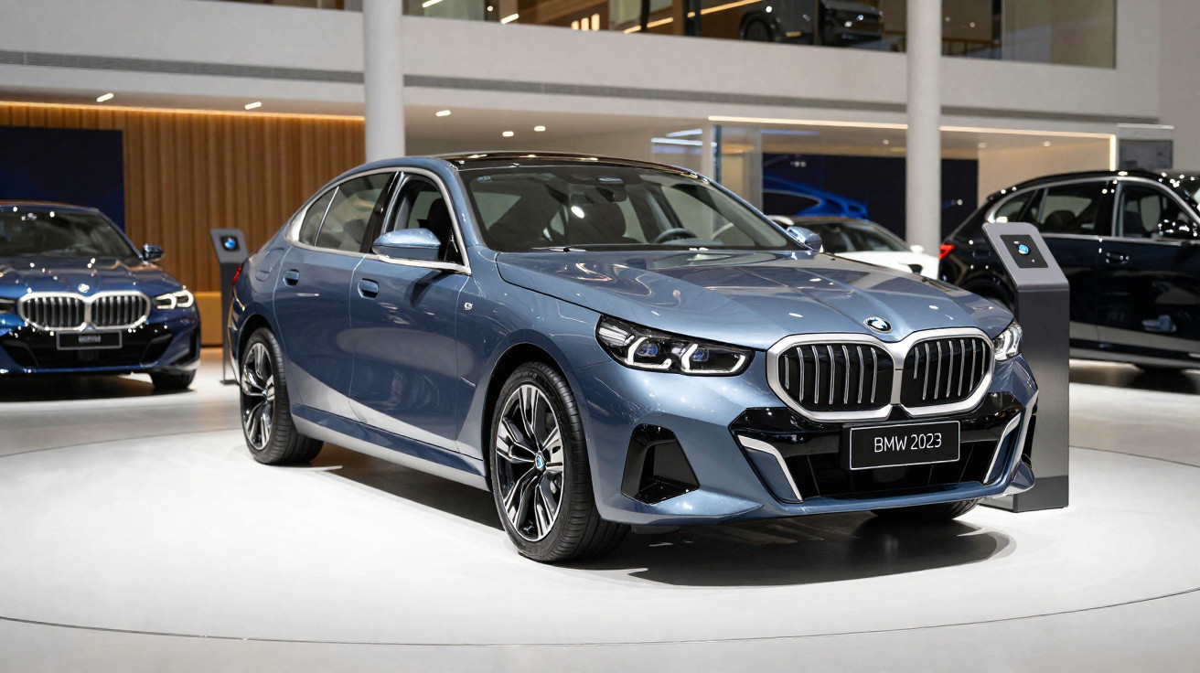 Carro BMW prata exibido em salão, modelo 2023, com design moderno e faróis destacados.