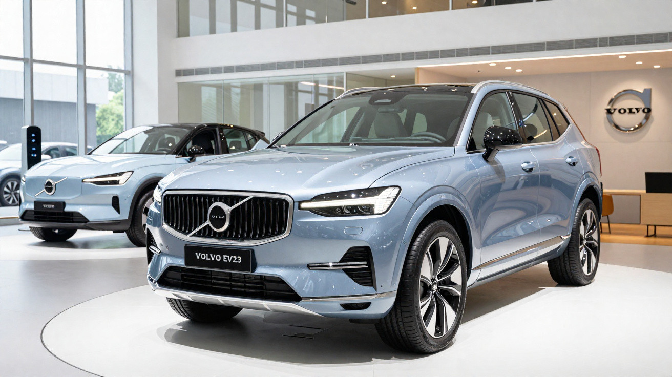 SUV Volvo EV23 azul claro em exposição em showroom moderno com outro carro ao fundo.