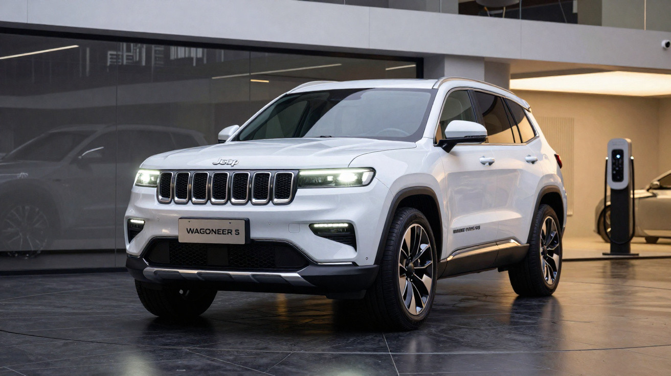 SUV branco Jeep Wagoneer S estacionado em salão moderno com luzes acesas e carregador elétrico ao fundo.