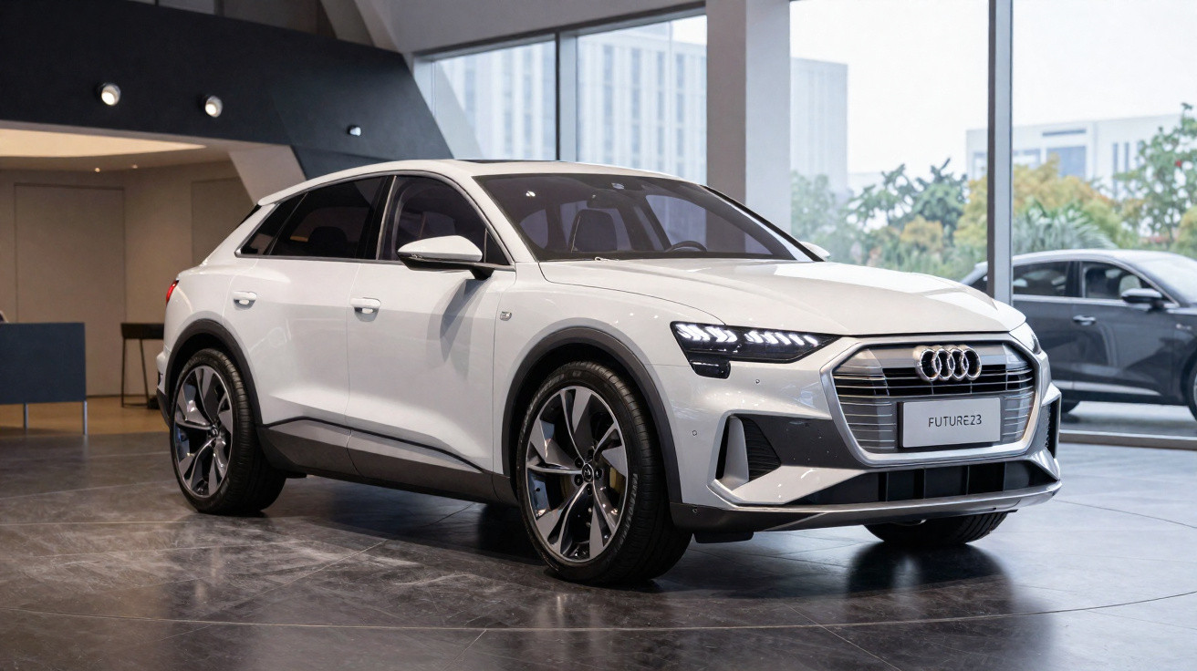 Carro elétrico branco Audi FUTURE:23 exibido em showroom moderno com piso de mármore e grandes janelas.
