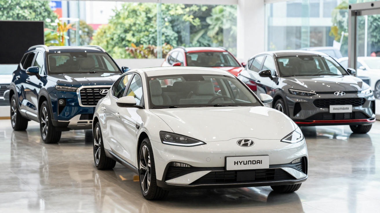 Concessionária Hyundai com carros seminovos expostos em área iluminada e moderna.