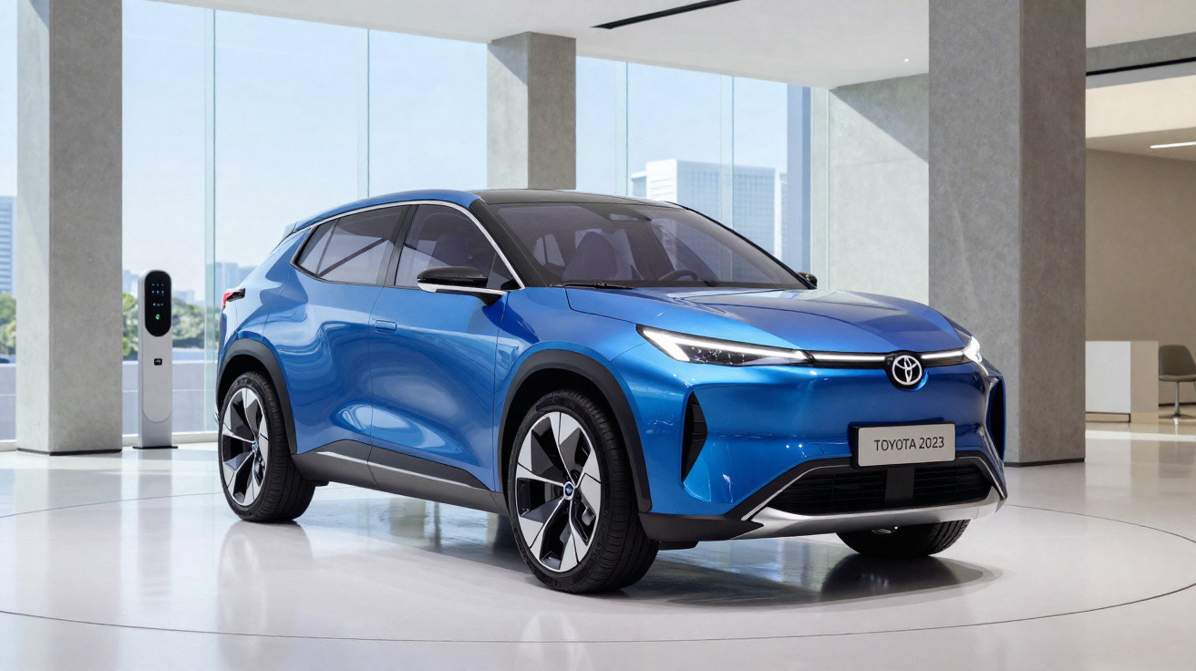 Carro elétrico azul Toyota 2023 exposto em ambiente moderno e iluminado, com tomada de carregamento ao fundo.