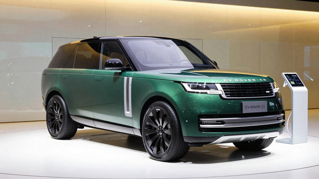 SUV verde metálico Land Rover exposta em ambiente interno com iluminação suave e pedestal com tela digital.