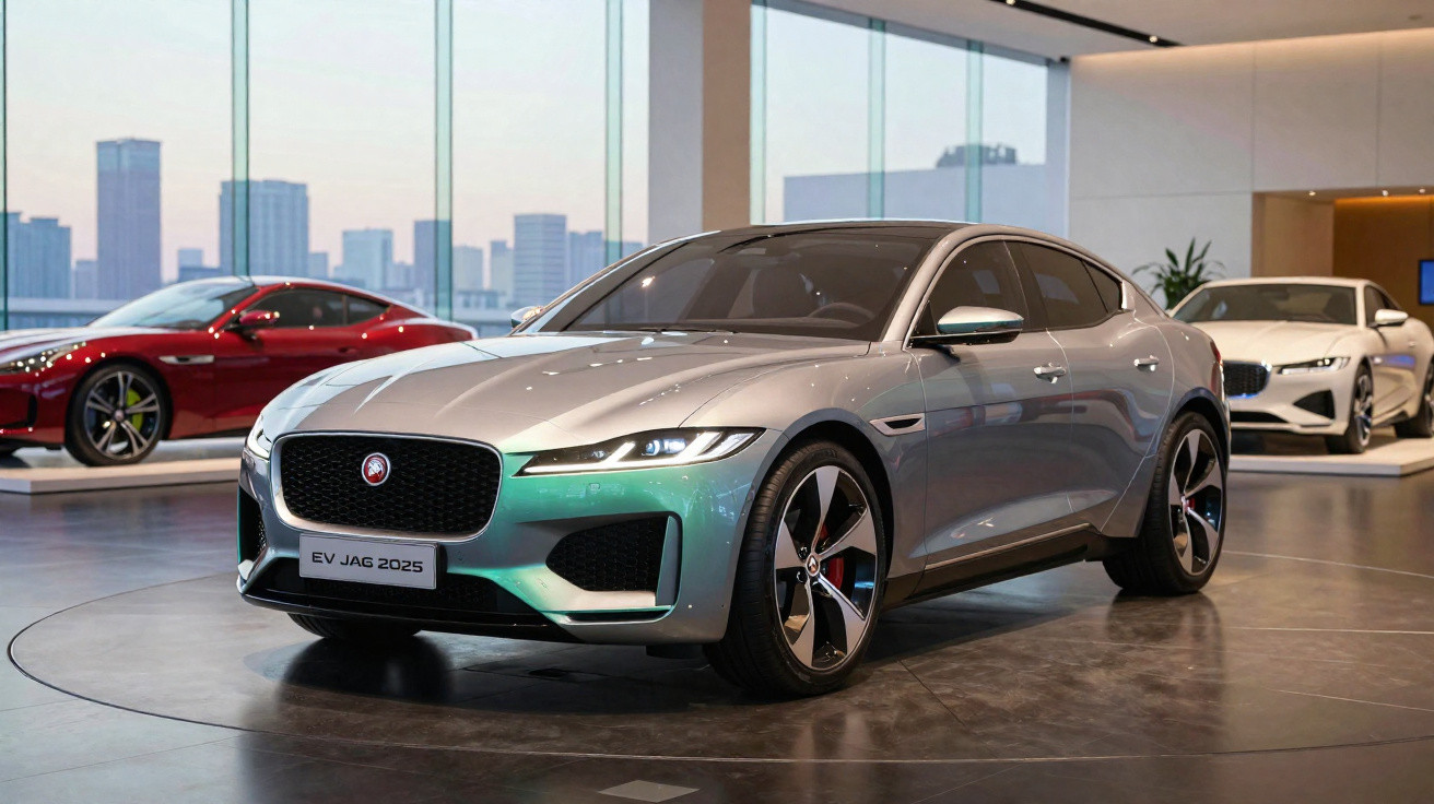 Carro elétrico cinza Jaguar EV JAG 2025 exposto em showroom moderno com dois carros ao fundo.