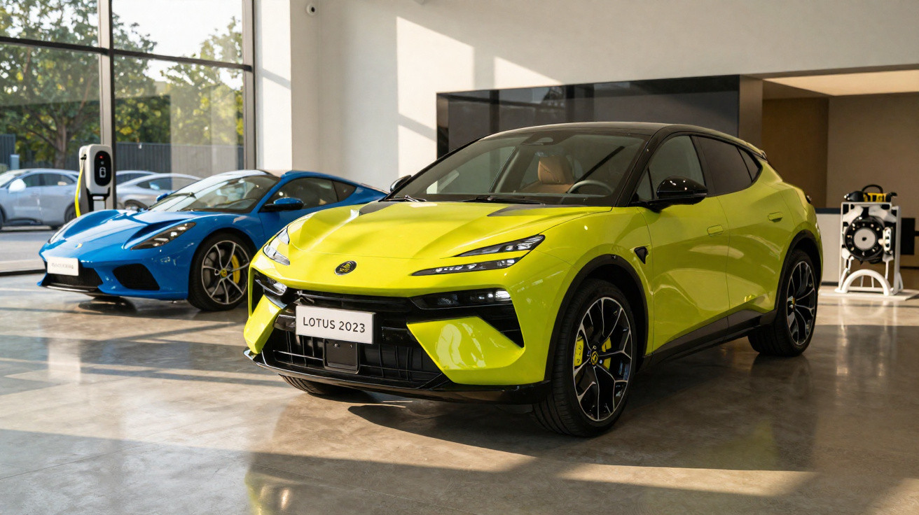 Carro esportivo amarelo e carro azul estacionados em showroom moderno com piso de concreto.