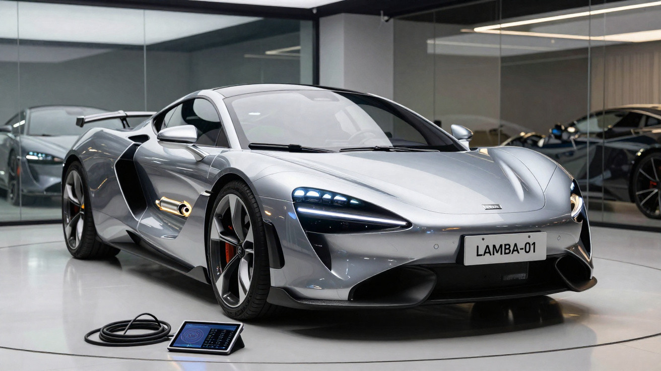 Carro esportivo prata estacionado em ambiente interno com tablet e cabo ao lado, placas “LAMBA-01”.