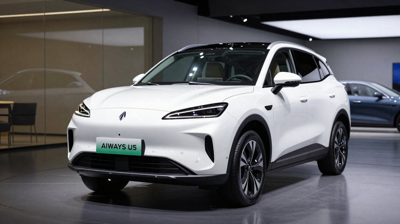 Carro elétrico branco Aiways U5 exibido em ambiente interno com iluminação artificial.