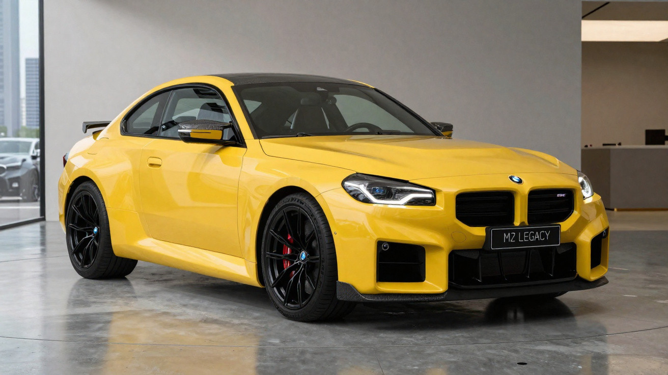 Carro esportivo BMW M2 Legacy amarelo estacionado em ambiente interno com teto preto e rodas pretas.