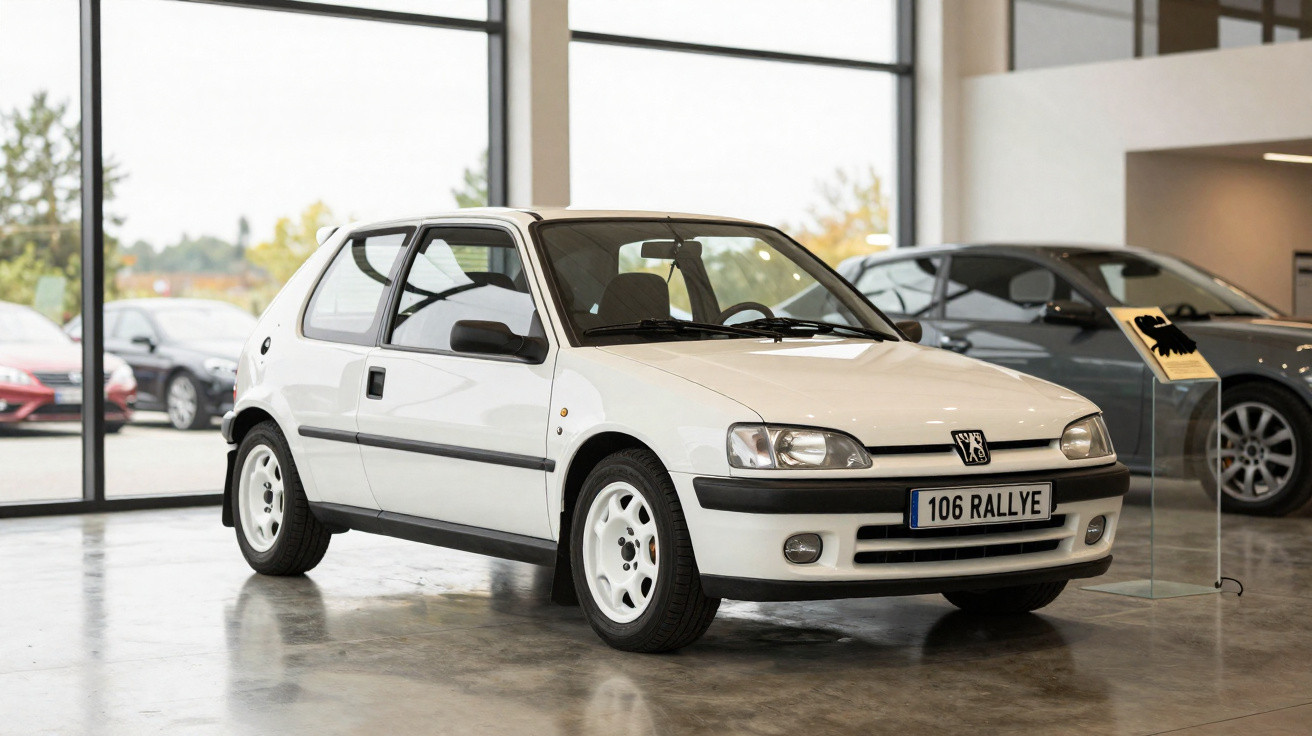 Carro Peugeot 106 Rallye branco exposto em showroom com piso refletindo o veículo.