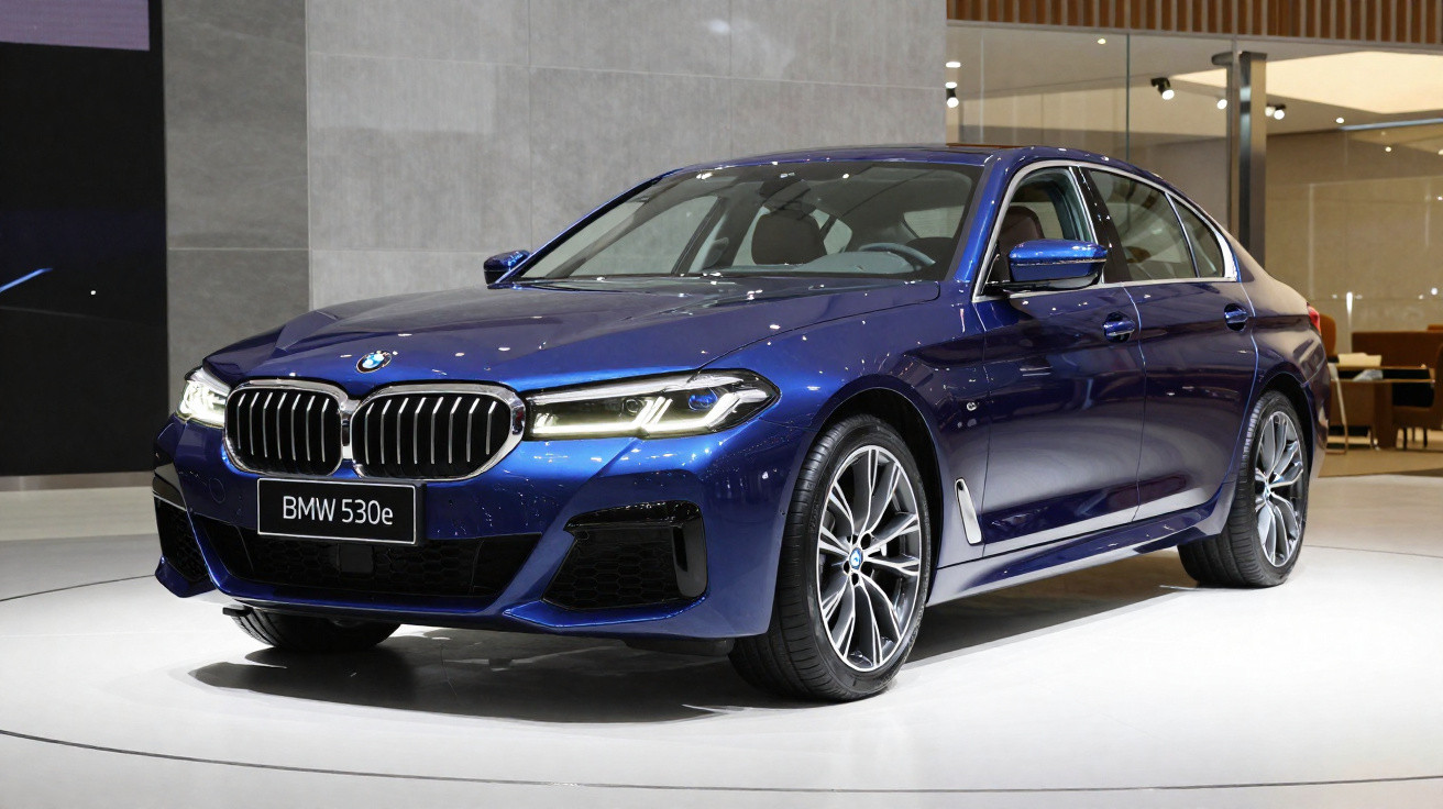 Carro azul BMW 530e sedan exposto em plataforma branca com iluminação interna.