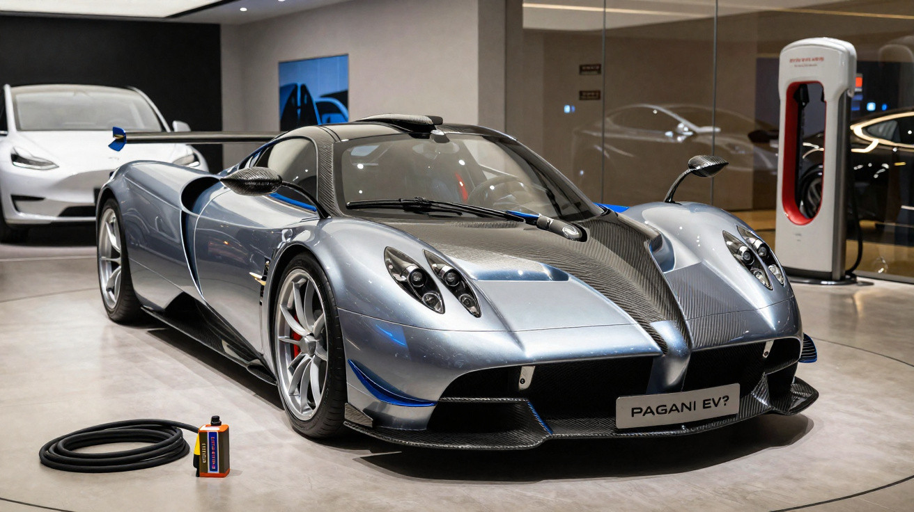 Carro esportivo prata e preto Pagani EV em exposição com carregador elétrico ao lado.