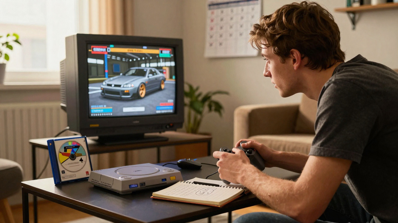 Jovem jogando videogame de corrida com console retrô e controle em sala de estar.
