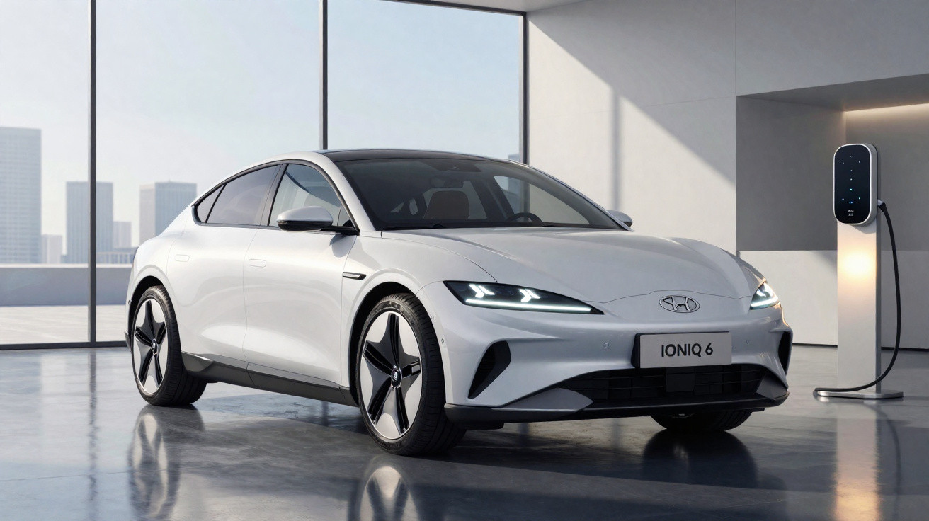 Carro elétrico branco Hyundai Ioniq 6 estacionado em garagem com carregador conectado.