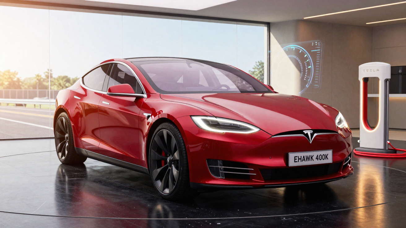 Carro elétrico vermelho Tesla modelo S estacionado em showroom moderno com estação de recarga ao fundo.