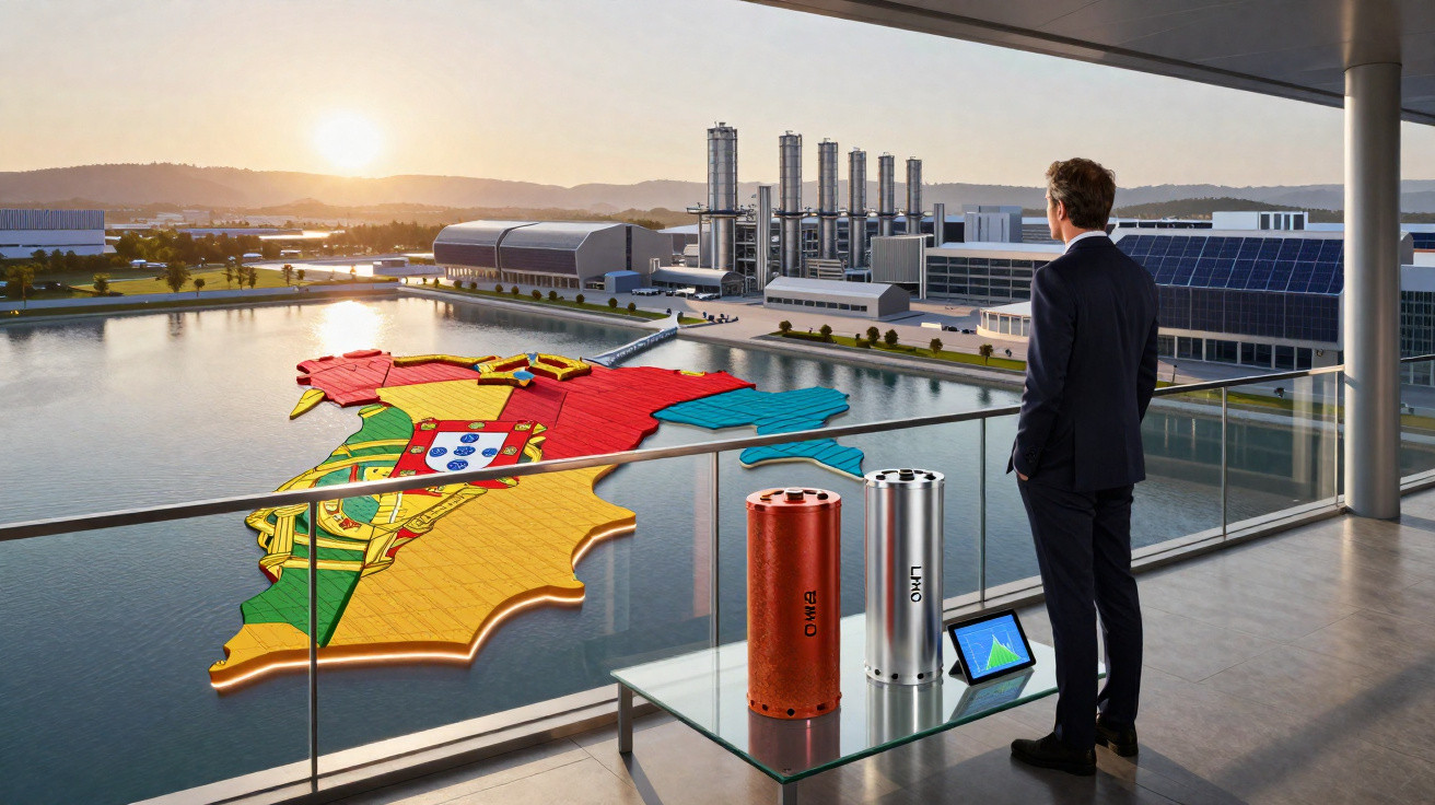 Homem em varanda observa mapa de Portugal 3D flutuando em lago próximo a fábrica ao pôr do sol.