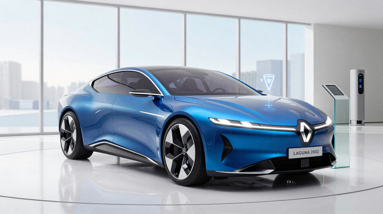 Carro elétrico concept azul Renault Laguna 2002 em ambiente moderno com grande janela ao fundo.