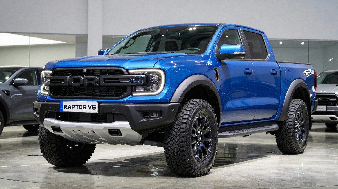 Picape Ford Ranger Raptor V6 azul estacionada em showroom com piso de concreto polido.