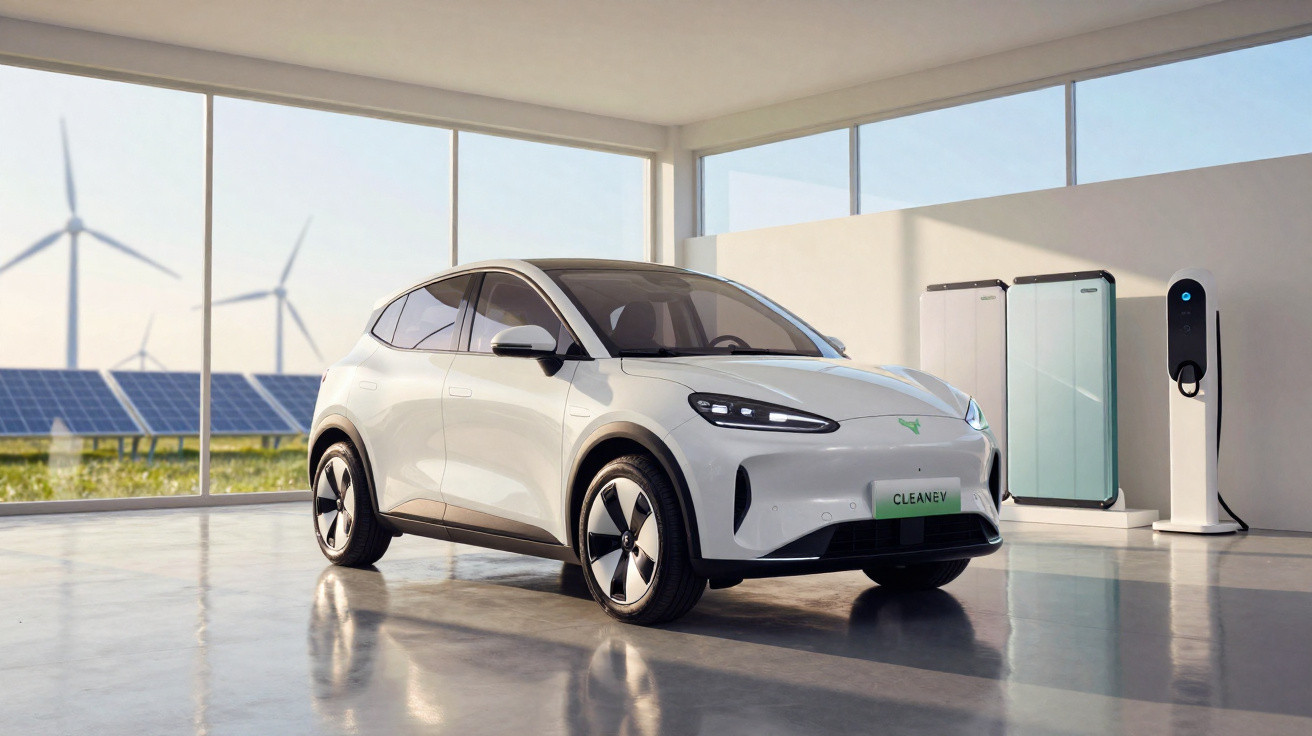 Carro elétrico branco em ambiente moderno com painel solar e turbinas eólicas visíveis ao fundo.