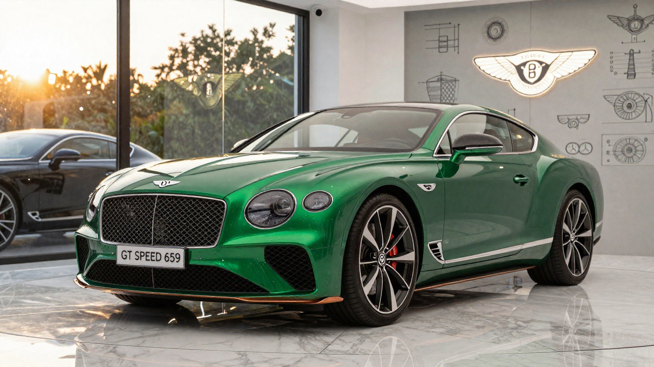 Carro esportivo Bentley GT Speed 659 verde em showroom com fundo de vitrine e logo da marca na parede.