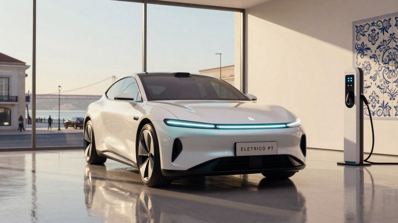 Carro elétrico branco estacionado em garagem moderna com estação de recarga ao lado e vista para ponte ao fundo.
