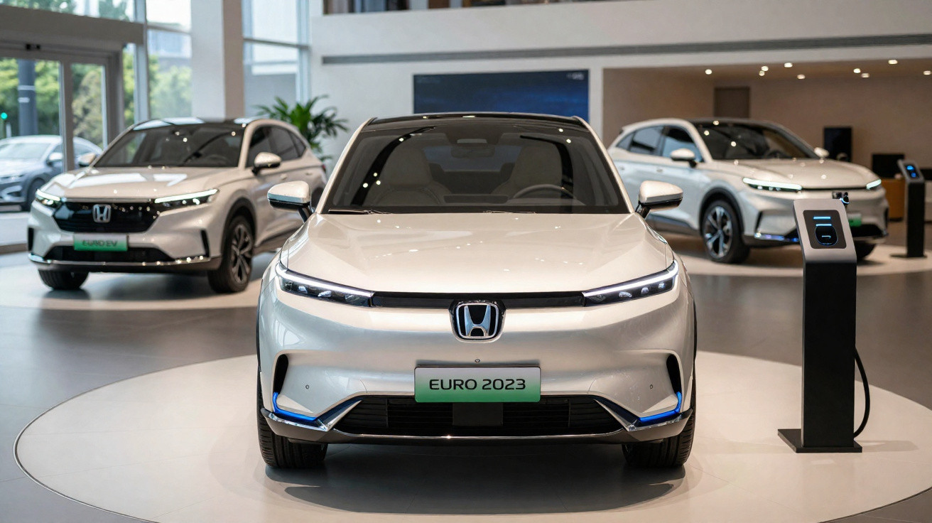 Três carros elétricos Honda expostos em showroom moderno com carregador ao lado, destacando modelo Euro 2023.