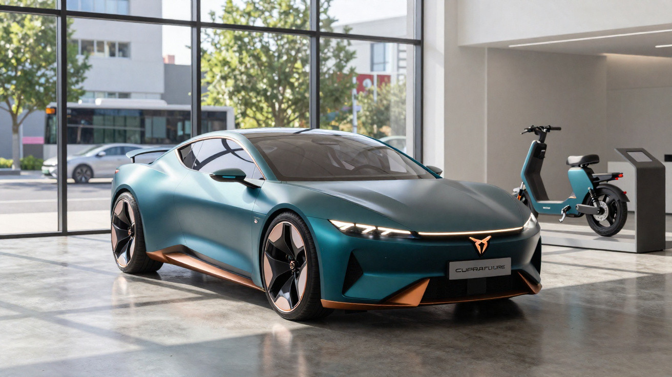 Carro esportivo elétrico Cupra Tavascan azul em showroom com janela grande e scooter elétrica ao fundo.