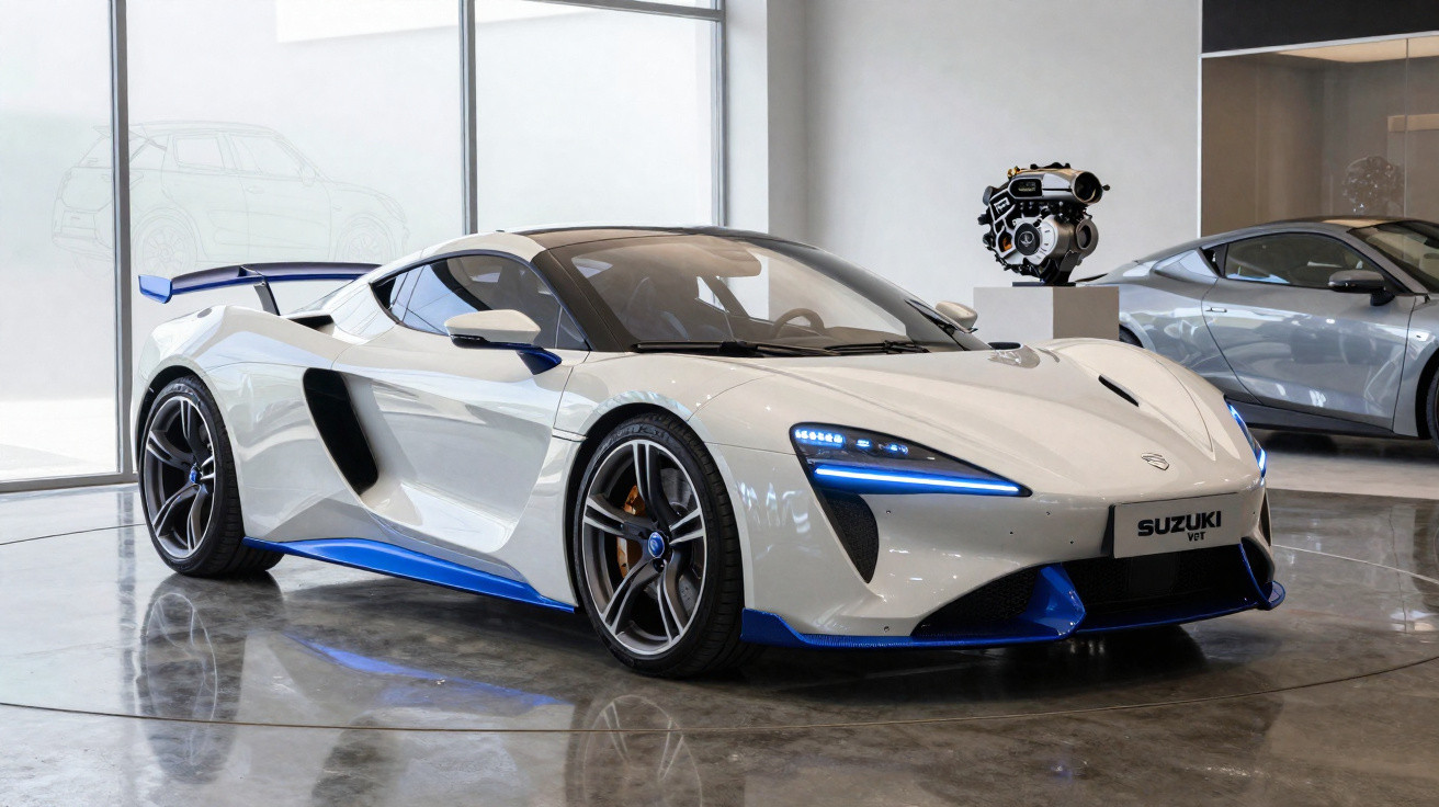 Carro esportivo branco com detalhes azuis em exposição em ambiente interno moderno e iluminado.